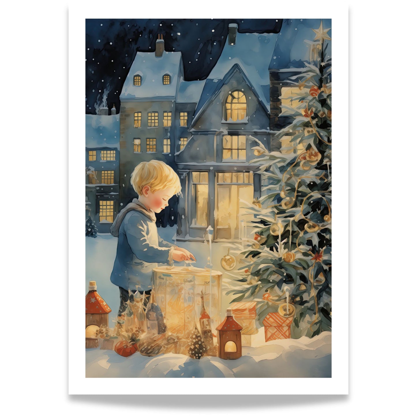 Ute i snøen lyser små hus og lykter mens et juletre glitrer ved siden av.
