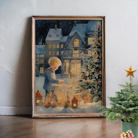 Ute i snøen lyser små hus og lykter mens et juletre glitrer ved siden av. Illustrasjon viser plakat uten hvit kant i ramme.