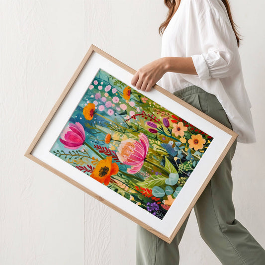 En sprudlende plakat med oransje og rosa blomster i livlig bevegelse. Illustrasjon viser plakat med passepartout i eik ramme.