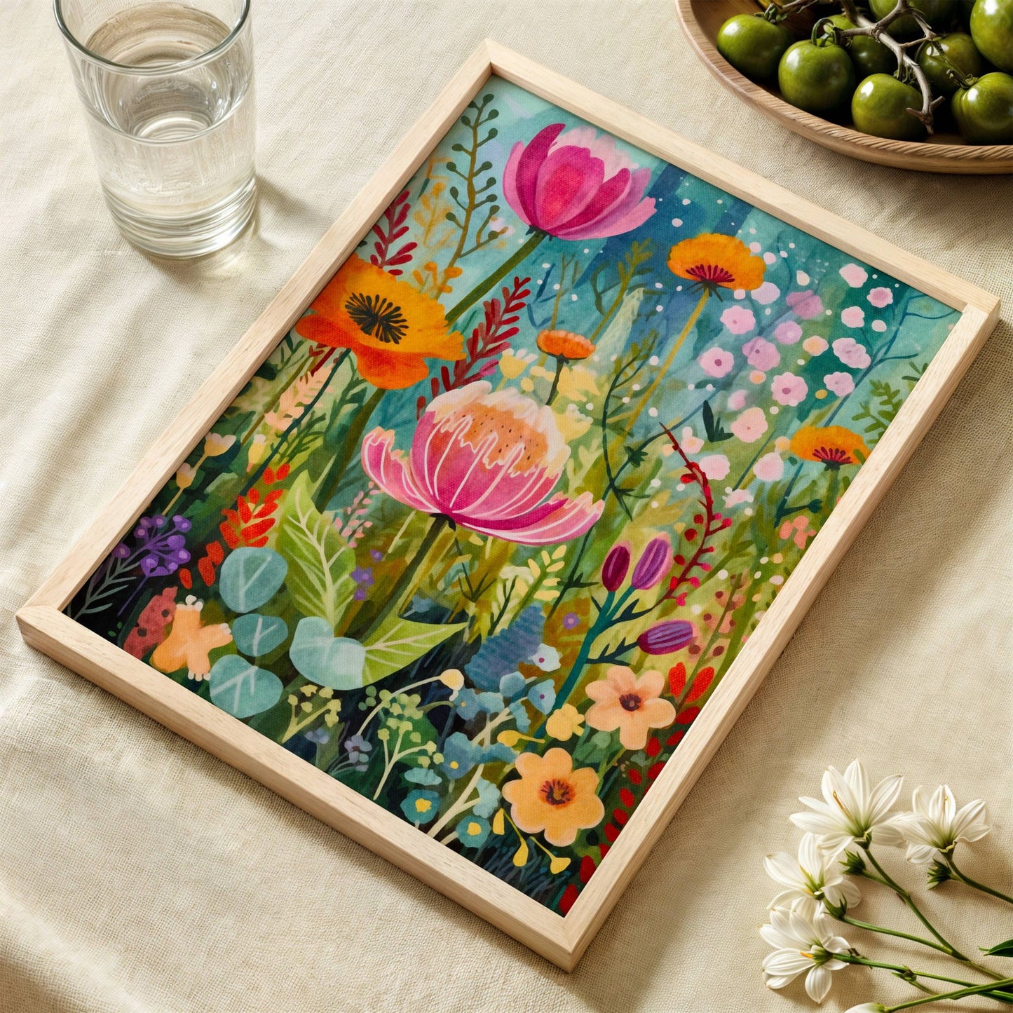 En sprudlende plakat med oransje og rosa blomster i livlig bevegelse. Illustrasjon viser plakat uten hvit kant i eik ramme.