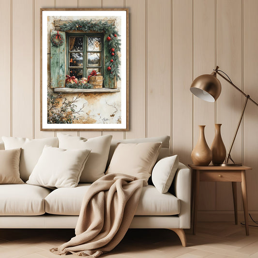 Dette koselige motivet viser et vindu dekorert med grankvister, bær og snø, noe som skaper en følelse av varme og tradisjonell juleglede. Illustrasjon viser motivet som plakat med hvit kant i lys ramme.