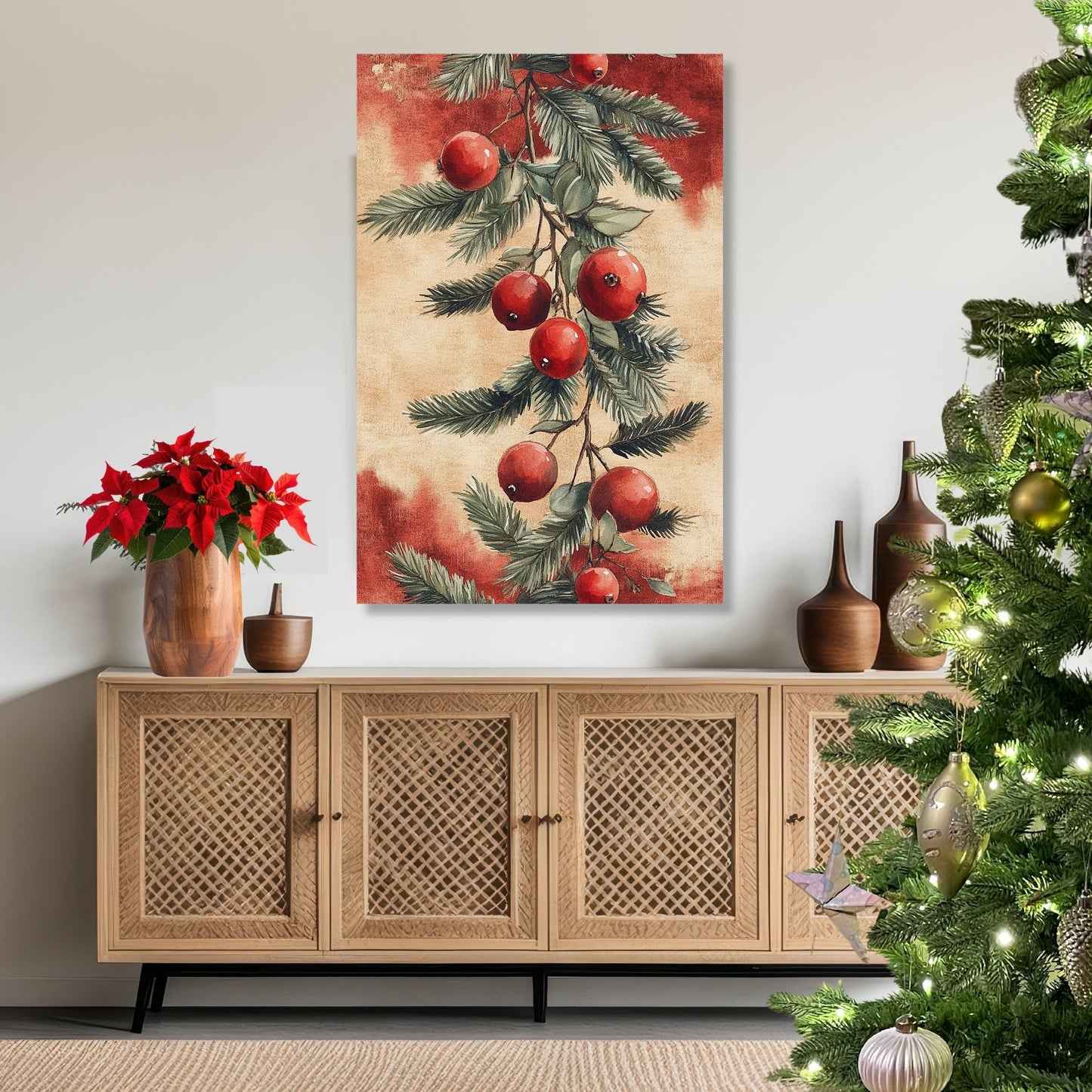 Skap en magisk og koselig julestemning med vår vakre Vintage Jul-plakat og lerret med blomsterdekorasjon og vinterlige detaljer. Illusttrasjon viser motivet på lerret.
