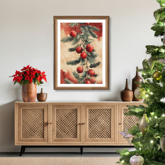 Skap en magisk og koselig julestemning med vår vakre Vintage Jul-plakat og lerret med blomsterdekorasjon og vinterlige detaljer. Illusttrasjon viser motivet som plakat med hvit kant i ramme.