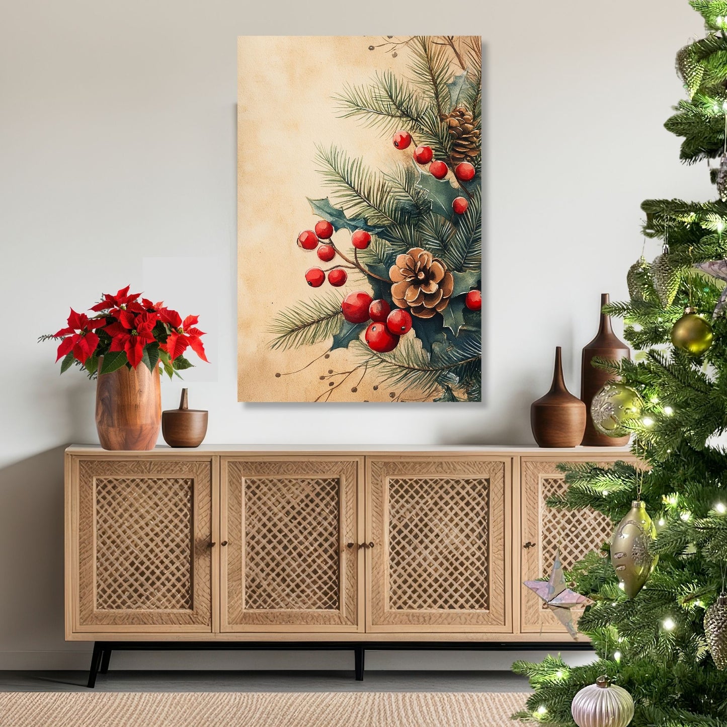 Skap en magisk og koselig julestemning med vår vakre Vintage Jul-plakat og lerret med blomsterdekorasjon og vinterlige detaljer. Illusttrasjon viser motivet på lerret.