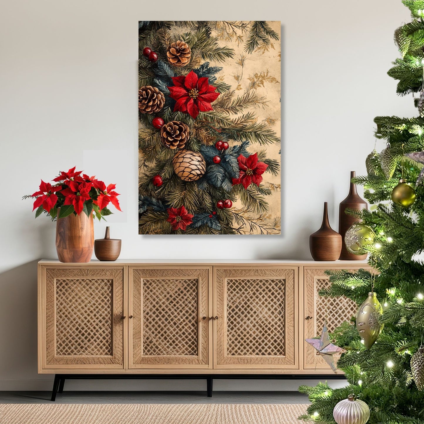 Skap en magisk og koselig julestemning med vår vakre Vintage Jul-plakat og lerret med blomsterdekorasjon og vinterlige detaljer. Illusttrasjon viser motivet på lerret.