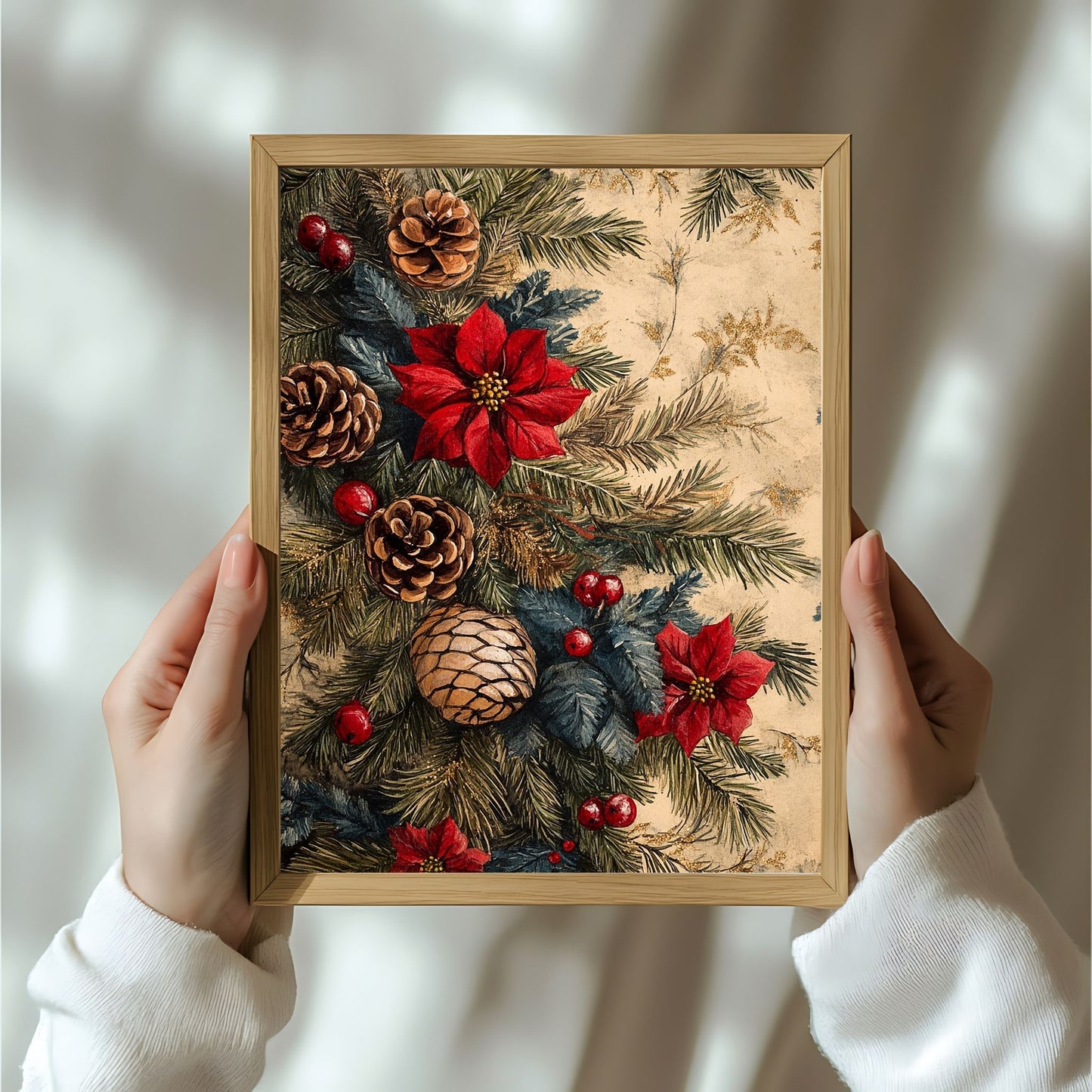 Skap en magisk og koselig julestemning med vår vakre Vintage Jul-plakat og lerret med blomsterdekorasjon og vinterlige detaljer. Illusttrasjon viser motivet som plakat i ramme.