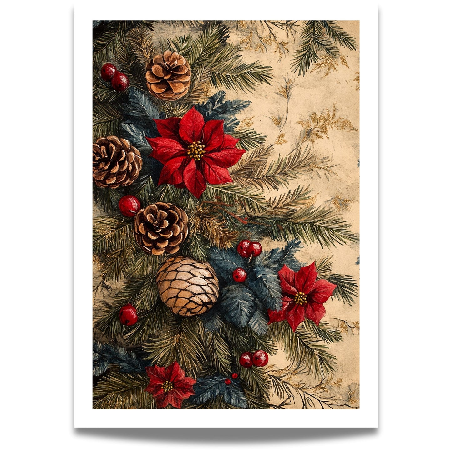 Skap en magisk og koselig julestemning med vår vakre Vintage Jul-plakat og lerret med blomsterdekorasjon og vinterlige detaljer.