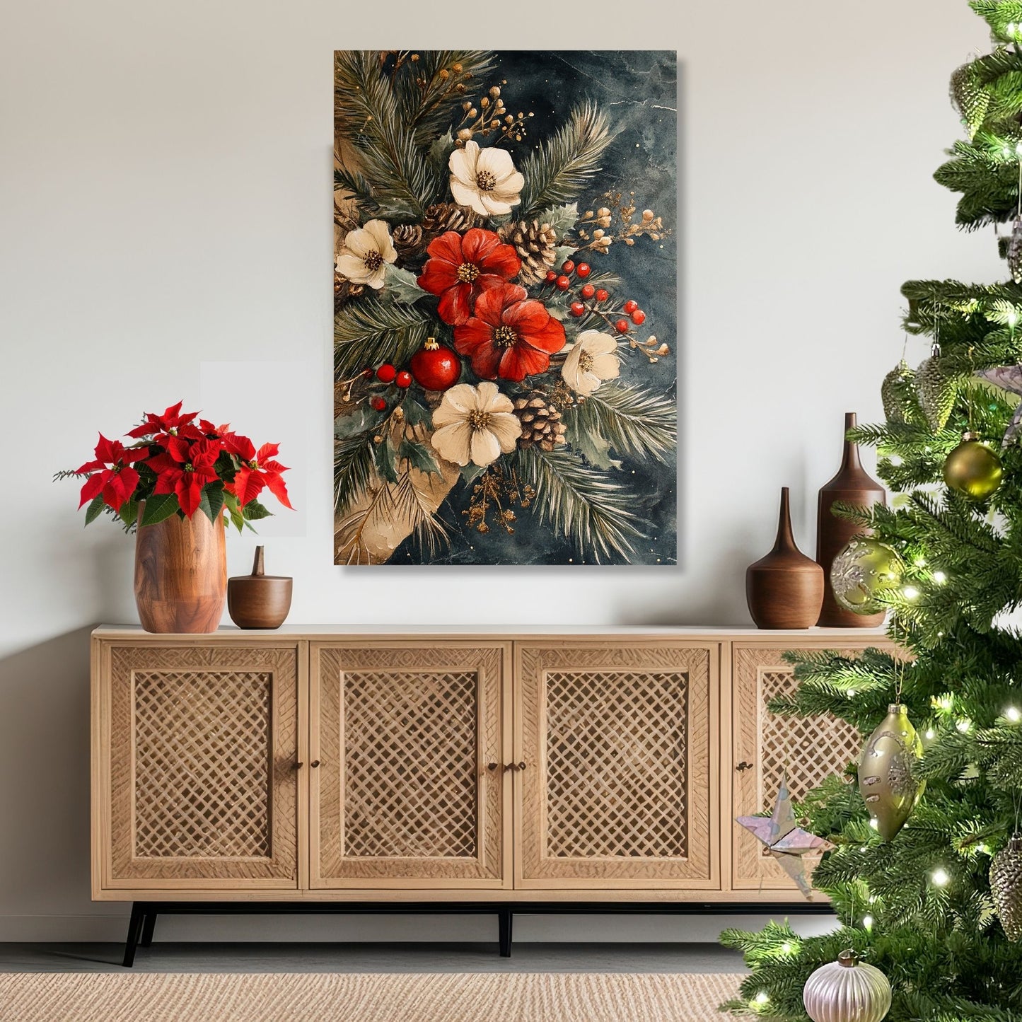 Skap en magisk og koselig julestemning med vår vakre Vintage Jul-plakat og lerret med blomsterdekorasjon og vinterlige detaljer. Illusttrasjon viser motivet på kerret.