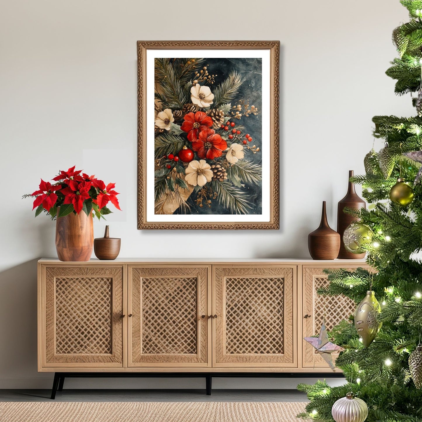 Skap en magisk og koselig julestemning med vår vakre Vintage Jul-plakat og lerret med blomsterdekorasjon og vinterlige detaljer. Illusttrasjon viser motivet som plakat med hvit kant i ramme.