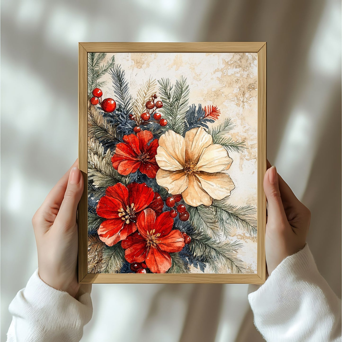 Skap en magisk og koselig julestemning med vår vakre Vintage Jul-plakat og lerret med blomsterdekorasjon og vinterlige detaljer. Illusttrasjon viser motivet som plakat i ramme.