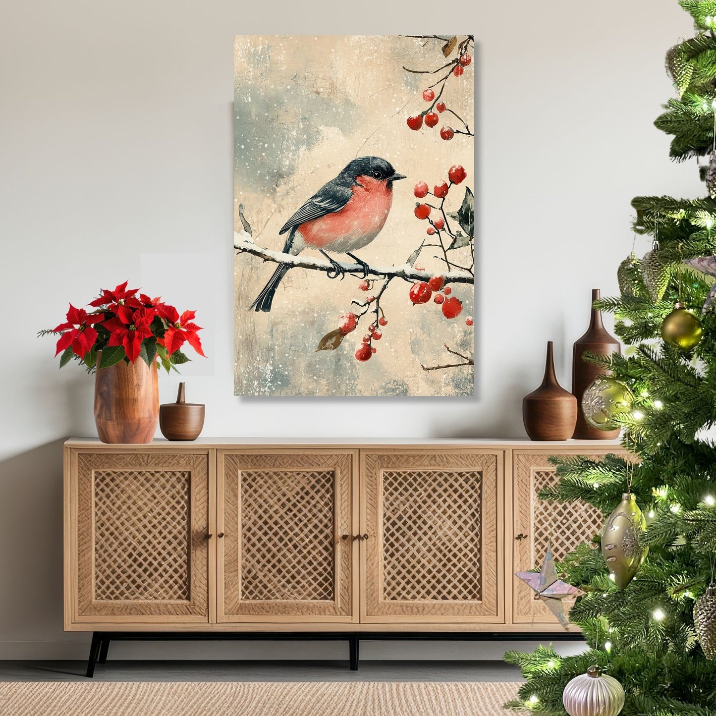 Fang essensen av julens ro og naturens skjønnhet med vår Vintage Jul-plakat og lerret med motiv av en dompap som sitter på en snødekt gren. Illustrasjon viser motivet på lerret.