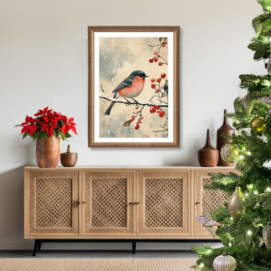 Fang essensen av julens ro og naturens skjønnhet med vår Vintage Jul-plakat og lerret med motiv av en dompap som sitter på en snødekt gren. Illustrasjon viser motivet som plakat med hvit kant i ramme.