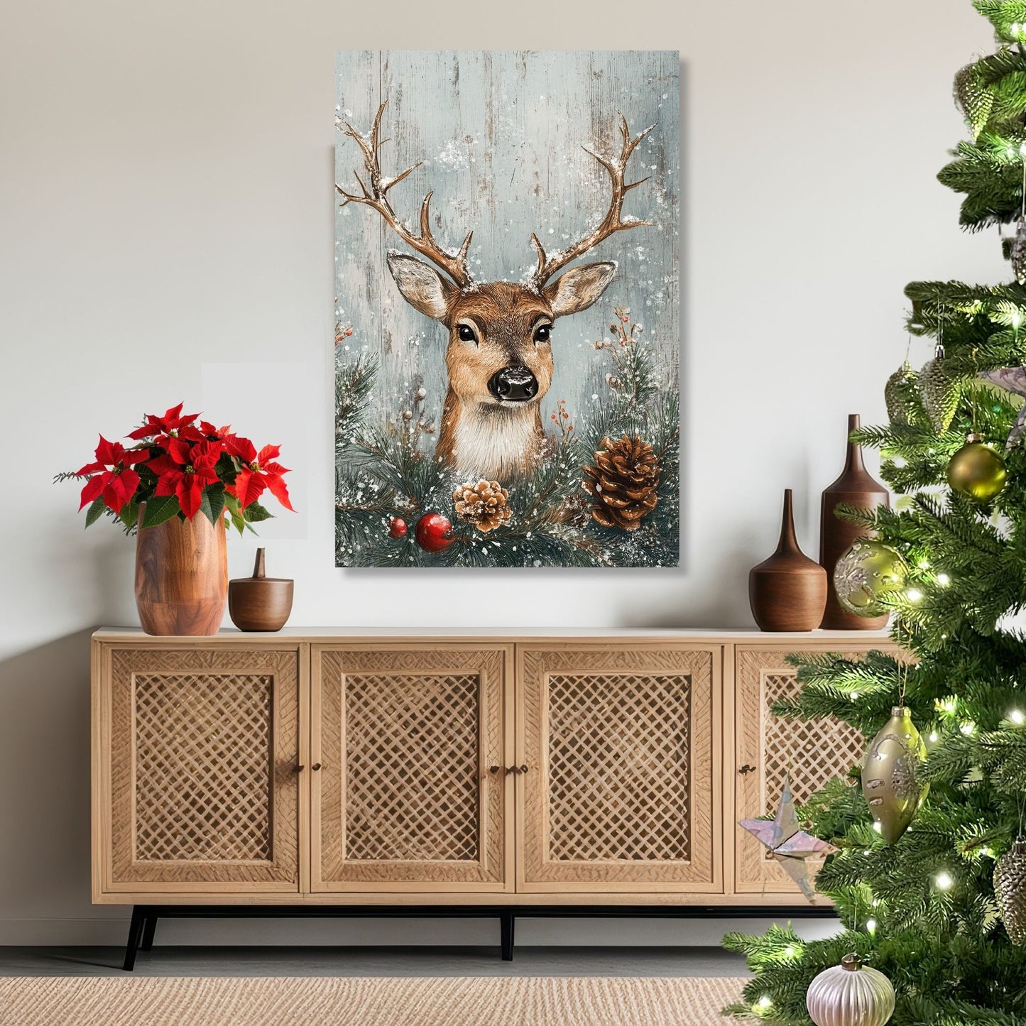 Vintage Jul-plakat og lerret med motiv av en majestetisk hjort i et snødekt landskap Illustrasjon viser motivet som på lerret.