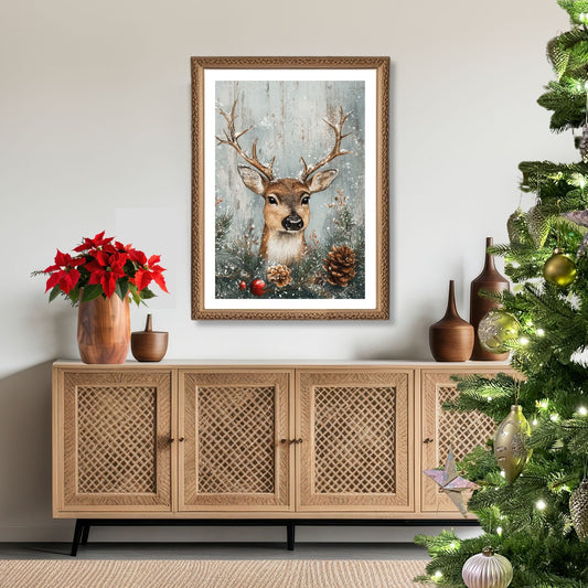 Vintage Jul-plakat og lerret med motiv av en majestetisk hjort i et snødekt landskap Illustrasjon viser motivet som plakat med hvit kant i ramme.