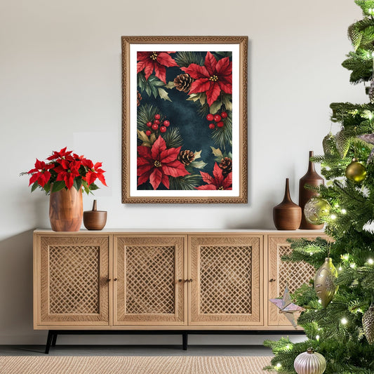 Disse vakre kunstverkene fremhever julestjernens dype røde toner og frodige grønne blader, akkompagnert av små detaljer som kongler og røde bær. Illusttrasjon viser motivet som plakat med hvit kant i ramme.