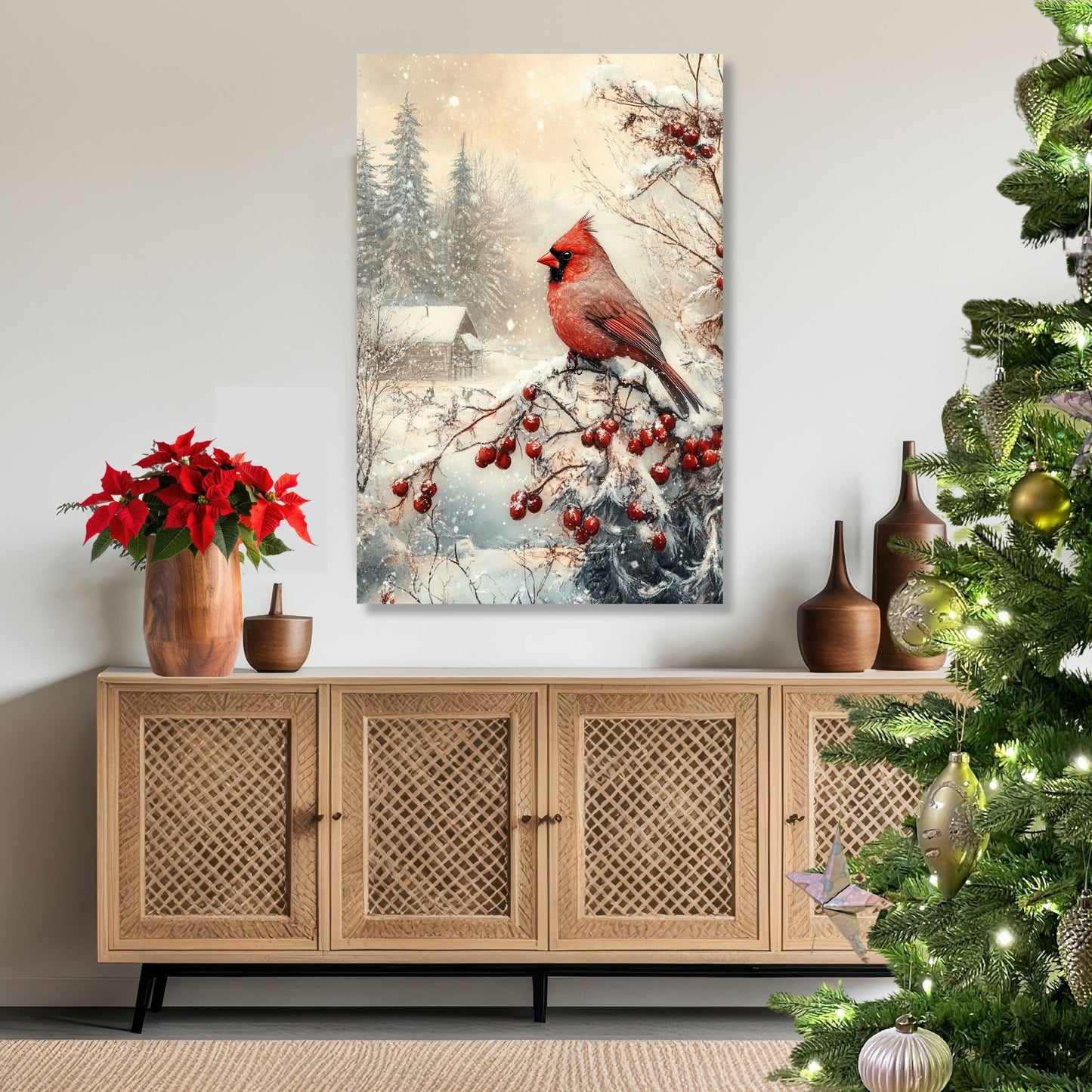 Fang vinterens magiske ro med vår Vintage Jul-plakat og lerret med motiv av en kardinal i et idyllisk snølandskap. Illustrasjon viser motivet på lerret.