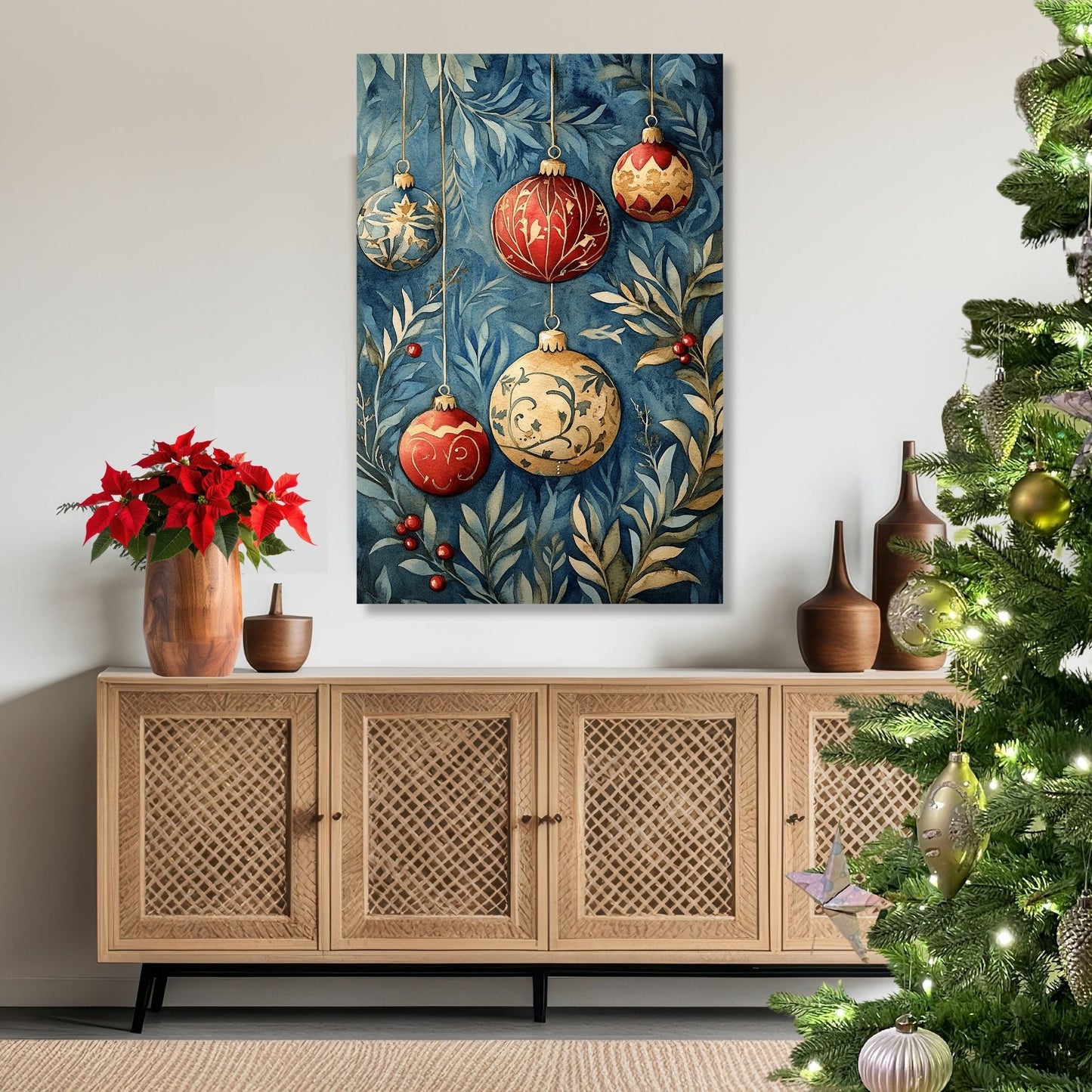 Motivene fra Vintage Jul kombinerer klassiske julekuler i rødt, gull og blått med delikate detaljer av vintergrener, kristtorn og snøfnugg. Illustrasjon viser motivet på lerret.