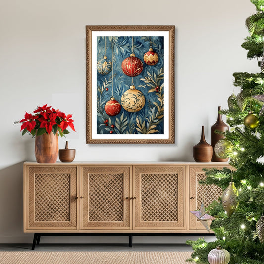 Motivene fra Vintage Jul kombinerer klassiske julekuler i rødt, gull og blått med delikate detaljer av vintergrener, kristtorn og snøfnugg. Illustrasjon viser motivet som plakat med hvit kant i ramme.