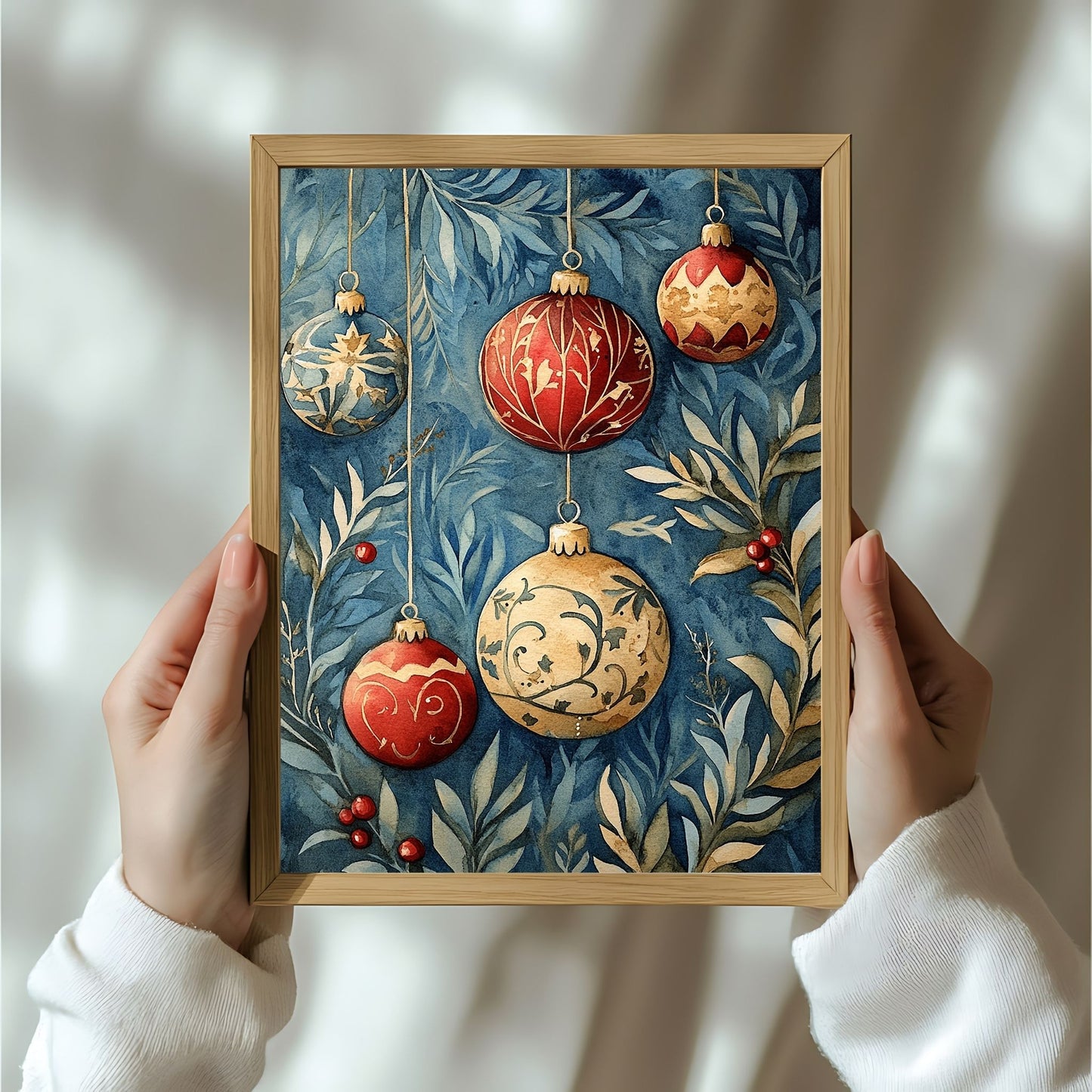 Motivene fra Vintage Jul kombinerer klassiske julekuler i rødt, gull og blått med delikate detaljer av vintergrener, kristtorn og snøfnugg. Illustrasjon viser motivet som plakat i ramme.