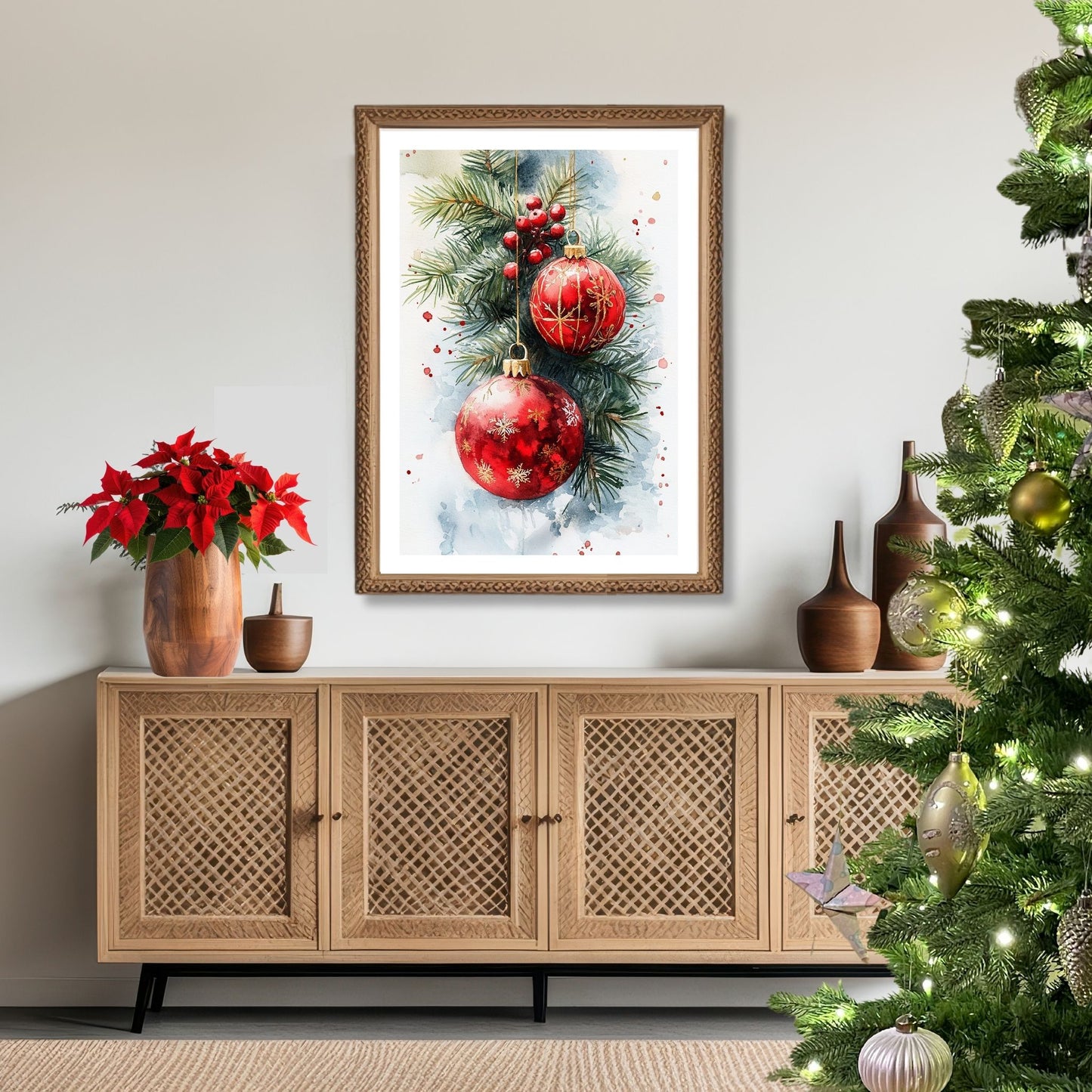 Motivene fra Vintage Jul kombinerer klassiske julekuler i rødt, gull og blått med delikate detaljer av vintergrener, kristtorn og snøfnugg. Illustrasjon viser motivet som plakat med hvit kant i ramme.