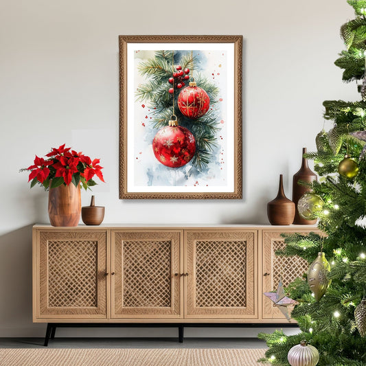 Motivene fra Vintage Jul kombinerer klassiske julekuler i rødt, gull og blått med delikate detaljer av vintergrener, kristtorn og snøfnugg. Illustrasjon viser motivet som plakat med hvit kant i ramme.