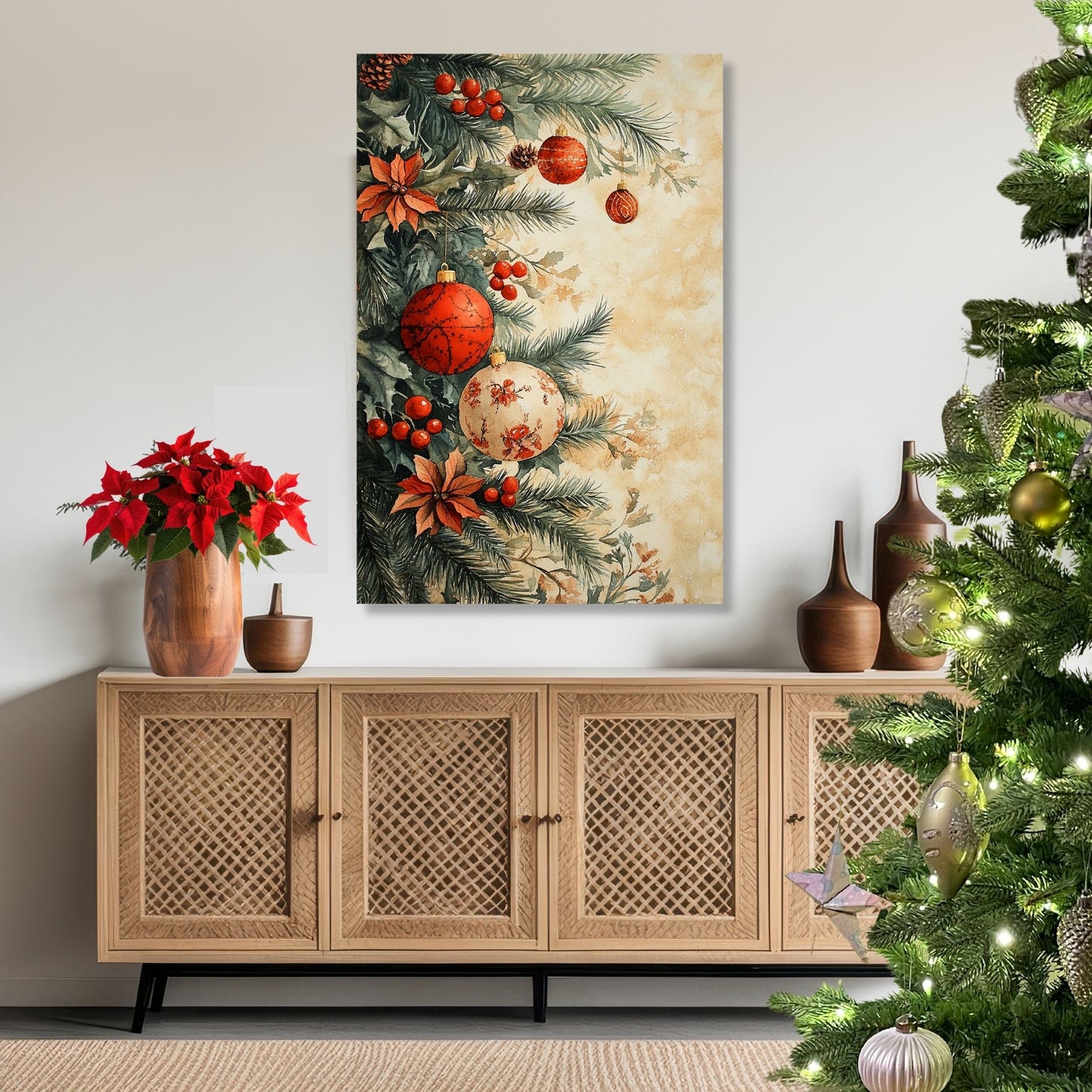 Motivene fra Vintage Jul kombinerer klassiske julekuler i rødt, gull og blått med delikate detaljer av vintergrener, kristtorn og snøfnugg. Illustrasjon viser motivet på lerret.