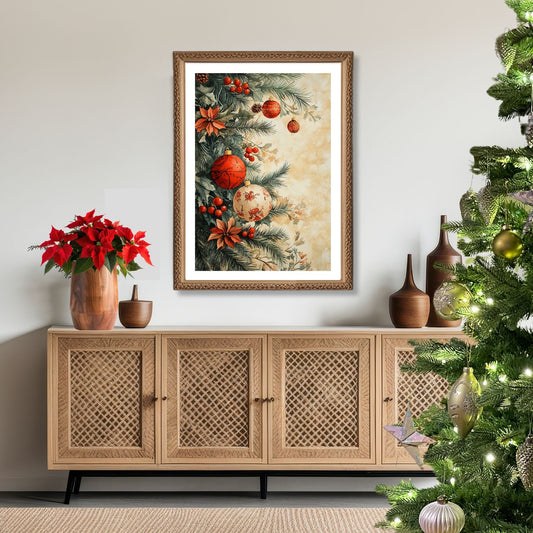 Motivene fra Vintage Jul kombinerer klassiske julekuler i rødt, gull og blått med delikate detaljer av vintergrener, kristtorn og snøfnugg. Illustrasjon viser motivet som plakat med hvit kant i ramme.