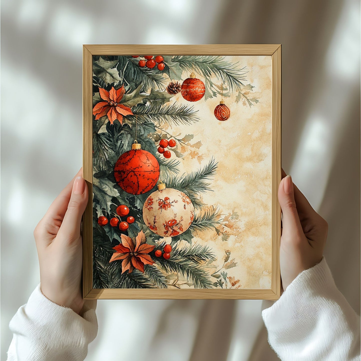 Motivene fra Vintage Jul kombinerer klassiske julekuler i rødt, gull og blått med delikate detaljer av vintergrener, kristtorn og snøfnugg. Illustrasjon viser motivet som plakat i ramme.