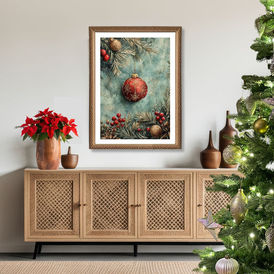 Motivene fra Vintage Jul kombinerer klassiske julekuler i rødt, gull og blått med delikate detaljer av vintergrener, kristtorn og snøfnugg. Illustrasjon viser motivet som plakat med hvit kant i ramme.