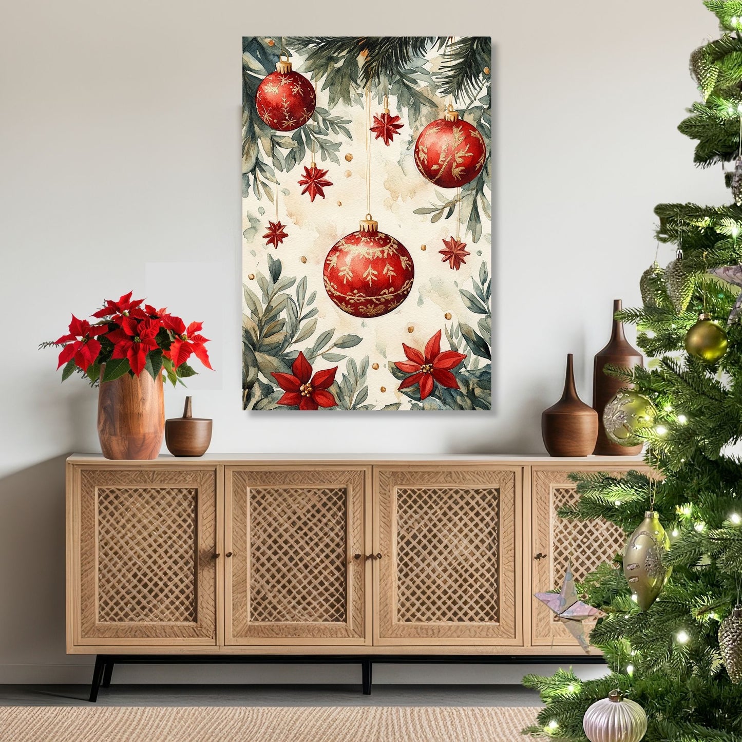 Motivene fra Vintage Jul kombinerer klassiske julekuler i rødt, gull og blått med delikate detaljer av vintergrener, kristtorn og snøfnugg. Illustrasjon viser motivet på lerret.