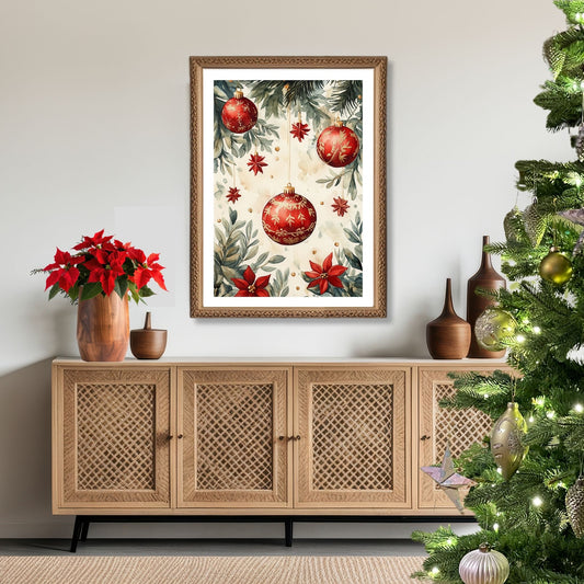 Motivene fra Vintage Jul kombinerer klassiske julekuler i rødt, gull og blått med delikate detaljer av vintergrener, kristtorn og snøfnugg. Illustrasjon viser motivet som plakat med hvit kant i ramme.