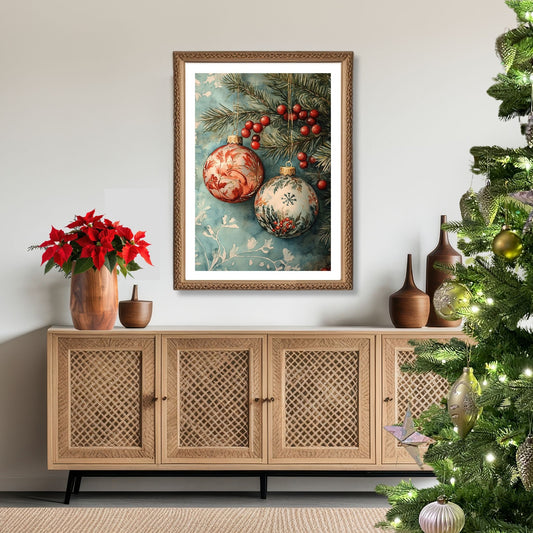 Motivene fra Vintage Jul kombinerer klassiske julekuler i rødt, gull og blått med delikate detaljer av vintergrener, kristtorn og snøfnugg. Illustrasjon viser motivet som plakat med hvit kant i ramme.