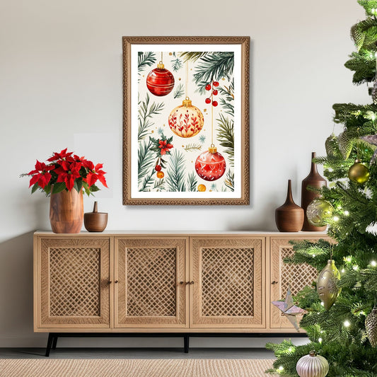 Motivene fra Vintage Jul kombinerer klassiske julekuler i rødt, gull og blått med delikate detaljer av vintergrener, kristtorn og snøfnugg. Illustrasjon viser motivet som plakat med hvit kant i ramme.