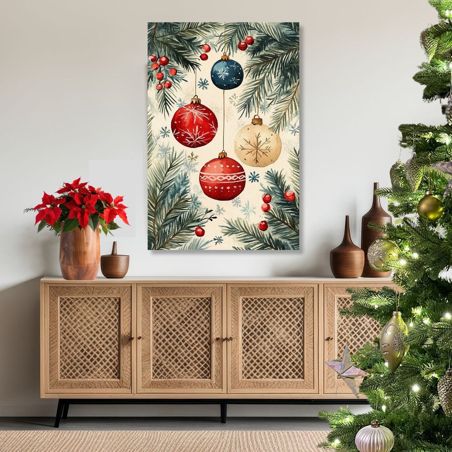 Motivene fra Vintage Jul kombinerer klassiske julekuler i rødt, gull og blått med delikate detaljer av vintergrener, kristtorn og snøfnugg. Illustrasjon viser motivet på leret.