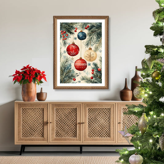 Motivene fra Vintage Jul kombinerer klassiske julekuler i rødt, gull og blått med delikate detaljer av vintergrener, kristtorn og snøfnugg. Illustrasjon viser motivet som plakat med hvit kant i ramme.