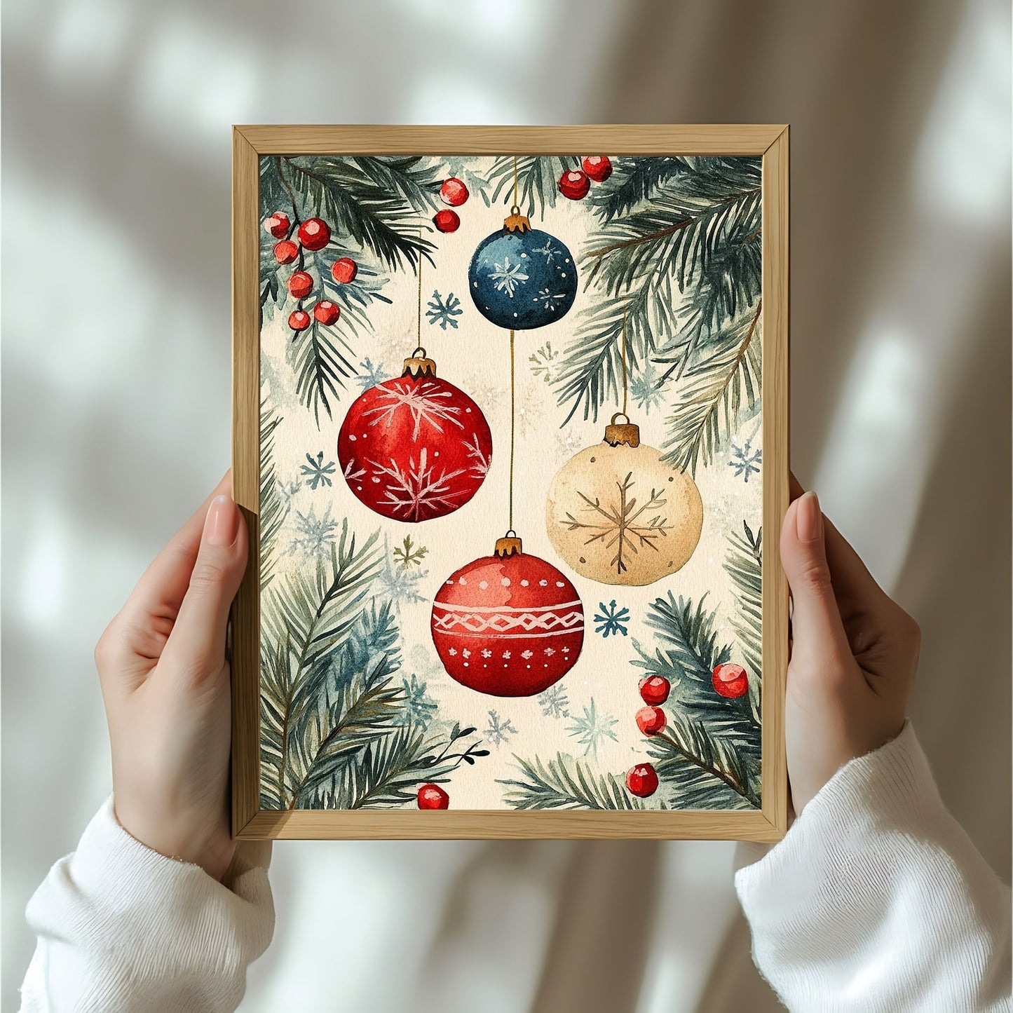 Motivene fra Vintage Jul kombinerer klassiske julekuler i rødt, gull og blått med delikate detaljer av vintergrener, kristtorn og snøfnugg. Illustrasjon viser motivet som plakat i ramme.