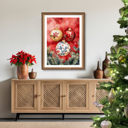 Motivene fra Vintage Jul kombinerer klassiske julekuler i rødt, gull og blått med delikate detaljer av vintergrener, kristtorn og snøfnugg. Illustrasjon viser motivet som plakat med hvit kant i ramme.