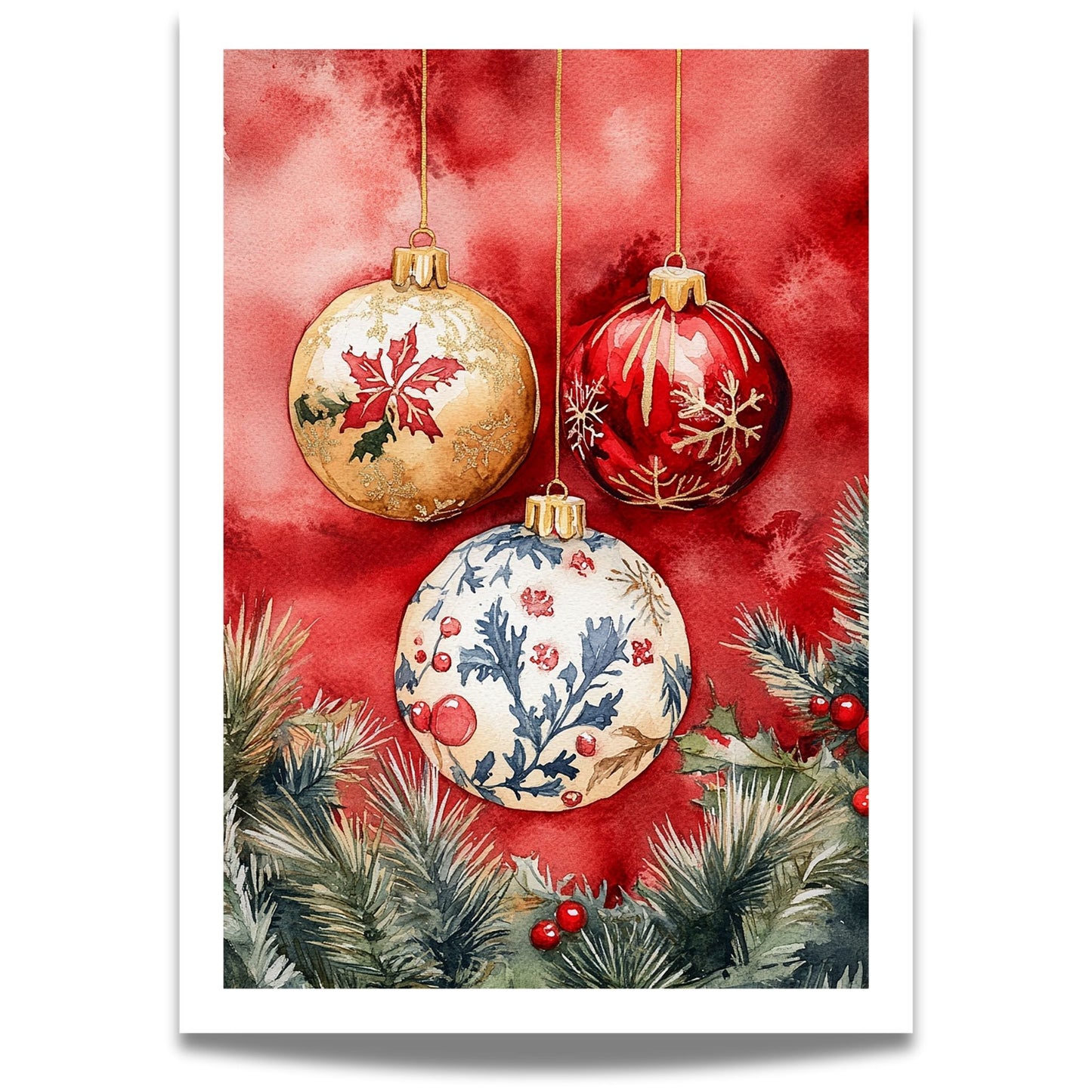 Motivene fra Vintage Jul kombinerer klassiske julekuler i rødt, gull og blått med delikate detaljer av vintergrener, kristtorn og snøfnugg.