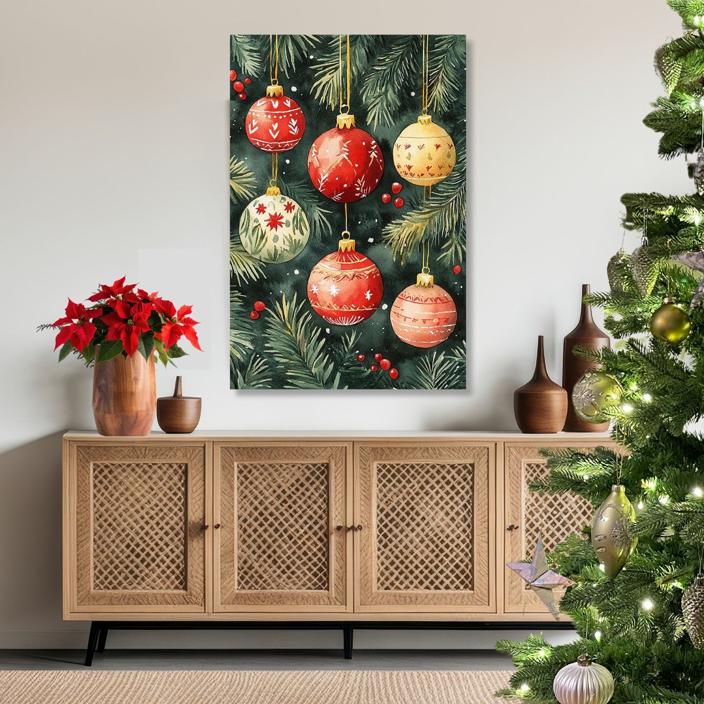 Motivene fra Vintage Jul kombinerer klassiske julekuler i rødt, gull og blått med delikate detaljer av vintergrener, kristtorn og snøfnugg. Illustrasjon viser motivet som plakat med hvit kant i ramme.