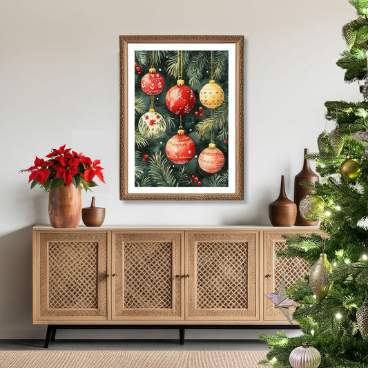 Motivene fra Vintage Jul kombinerer klassiske julekuler i rødt, gull og blått med delikate detaljer av vintergrener, kristtorn og snøfnugg. Illustrasjon viser motivet som plakat med hvit kant i ramme.