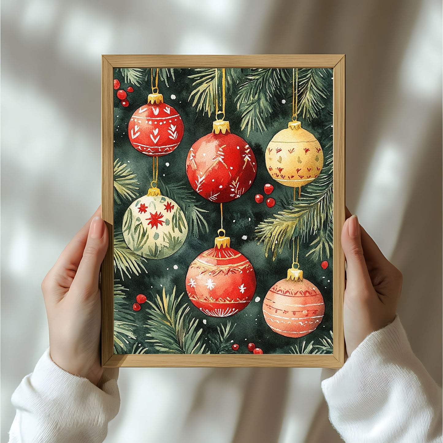Motivene fra Vintage Jul kombinerer klassiske julekuler i rødt, gull og blått med delikate detaljer av vintergrener, kristtorn og snøfnugg. Illustrasjon viser motivet som plakatt i ramme.