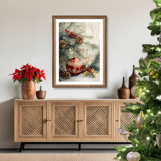 Motivene fra Vintage Jul kombinerer klassiske julekuler i rødt, gull og blått med delikate detaljer av vintergrener, kristtorn og snøfnugg. Illustrasjon viser motivet som plakat med hvit kant i ramme.