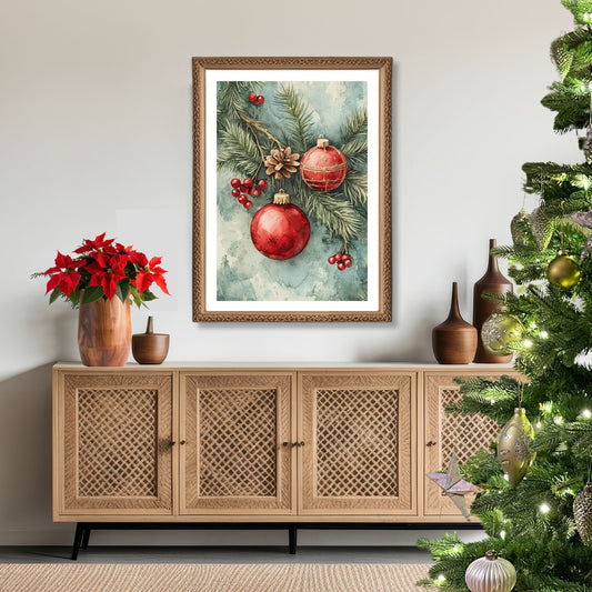 Motivene fra Vintage Jul kombinerer klassiske julekuler i rødt, gull og blått med delikate detaljer av vintergrener, kristtorn og snøfnugg. Illustrasjon viser motivet som plakat med hvit kant i ramme.