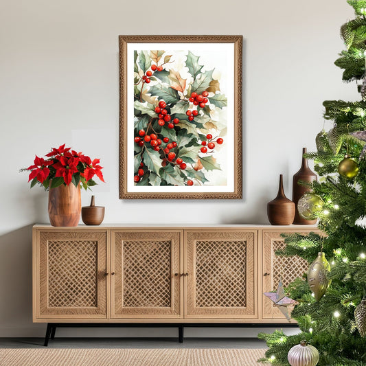 Bring tradisjonsrik julestemning inn i hjemmet ditt med vår tidløse Vintage Jul-plakat og lerret med nostalgiske kristtornmotiv. Illustrasjon viser motivet som plakat med hvit kant i ramme.