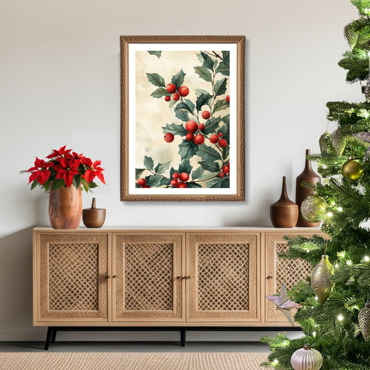 Bring tradisjonsrik julestemning inn i hjemmet ditt med vår tidløse Vintage Jul-plakat og lerret med nostalgiske kristtornmotiv. Illustrasjon viser motivet som plakat med hvit kant i ramme.