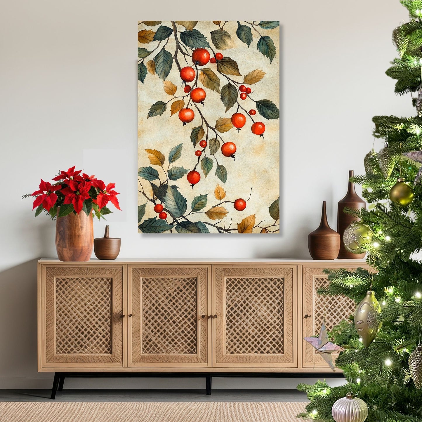 Bring tradisjonsrik julestemning inn i hjemmet ditt med vår tidløse Vintage Jul-plakat og lerret med nostalgiske kristtornmotiv. Illustrasjon viser motivet på lerret.