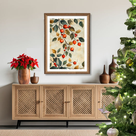 Bring tradisjonsrik julestemning inn i hjemmet ditt med vår tidløse Vintage Jul-plakat og lerret med nostalgiske kristtornmotiv. Illustrasjon viser motivet som plakat med hvit kant i ramme.