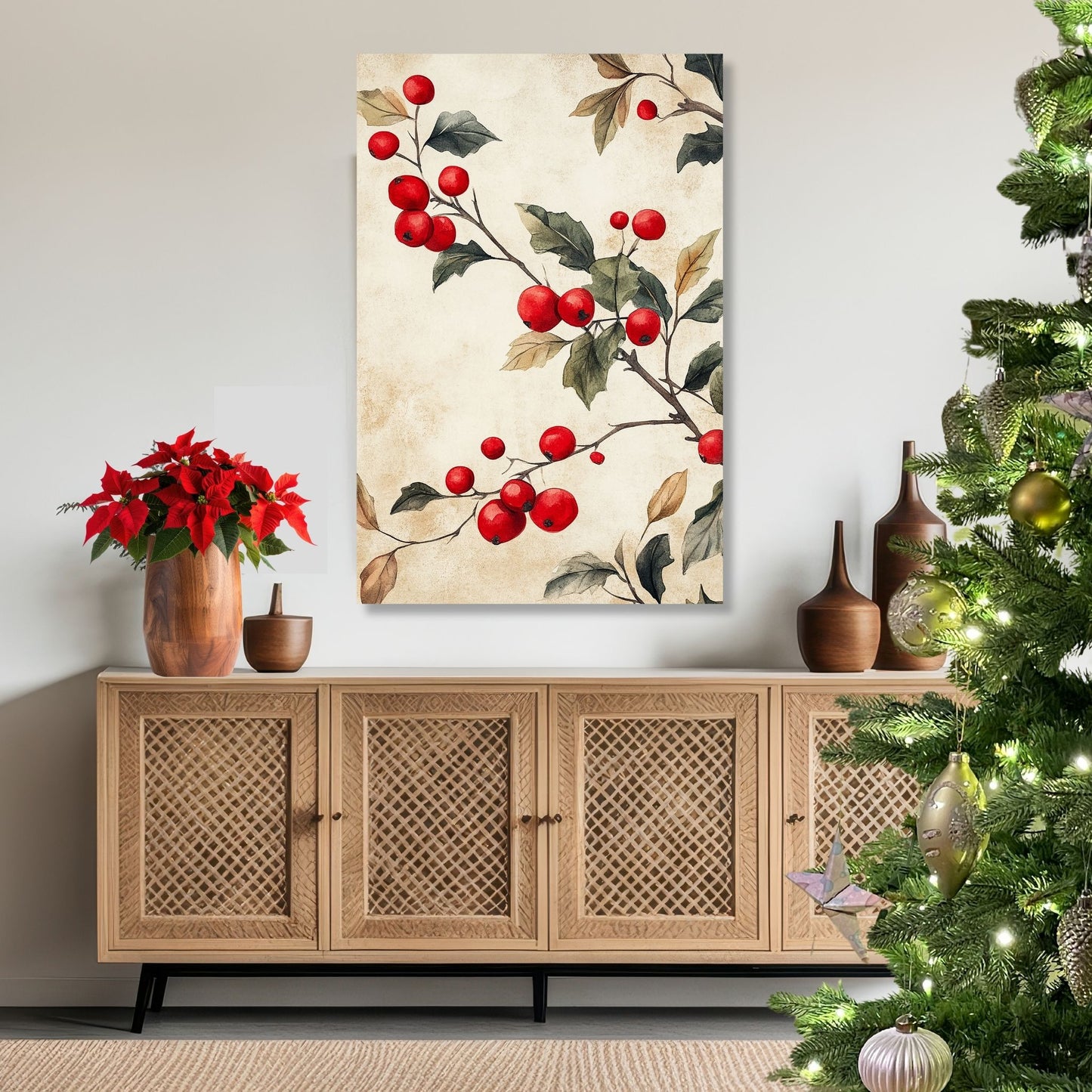 Bring tradisjonsrik julestemning inn i hjemmet ditt med vår tidløse Vintage Jul-plakat og lerret med nostalgiske kristtornmotiv. Illustrasjon viser motivet på lerret.