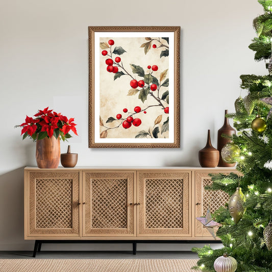 Bring tradisjonsrik julestemning inn i hjemmet ditt med vår tidløse Vintage Jul-plakat og lerret med nostalgiske kristtornmotiv. Illustrasjon viser motivet som plakat med hvit kant i ramme.