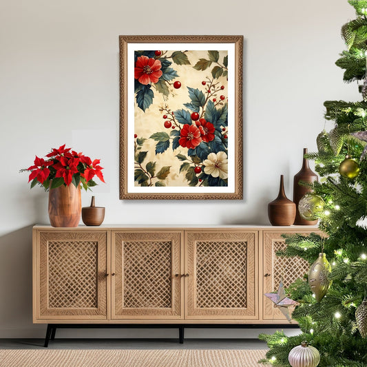 Denne vakre illustrasjonen kombinerer dype røde blomster, grønne blader og klassiske julebær, alt satt mot en myk vintage-bakgrunn. Illustrasjon viser motivet som plakat med hvit kant i ramme.